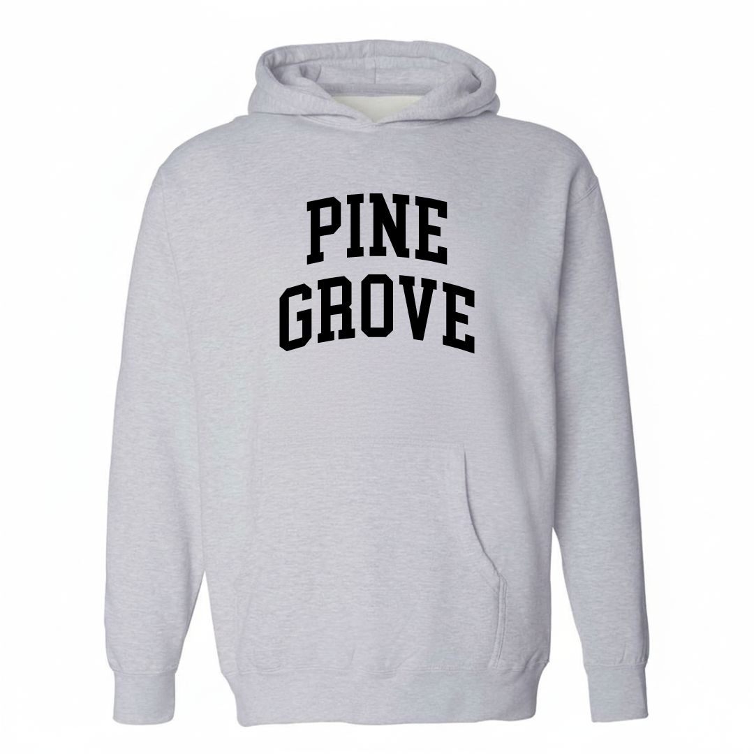 Heather-gray hoodie with the Pine Grove varsity arched lettering design on the chest.
