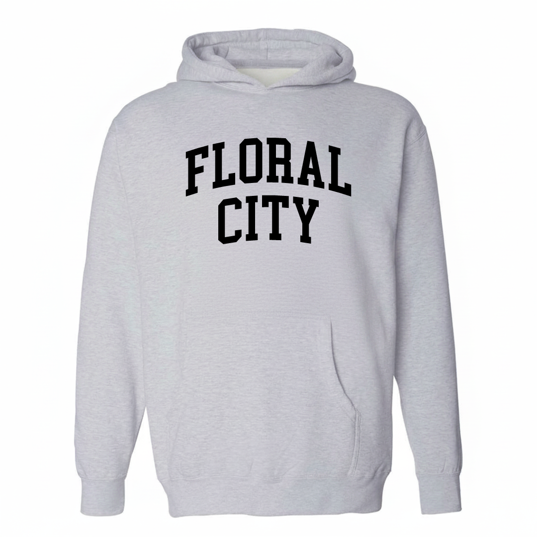 Heather-gray hoodie with the Floral City varsity arched lettering design on the chest.