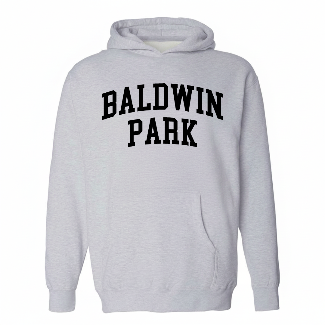 Heather-gray hoodie with the Baldwin Park arched lettering design on the chest.