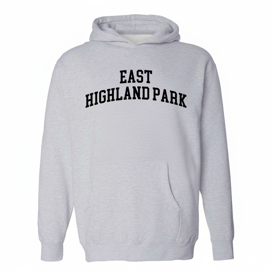 Heather-gray hoodie with the East Highland Park varsity arched lettering design on the chest.