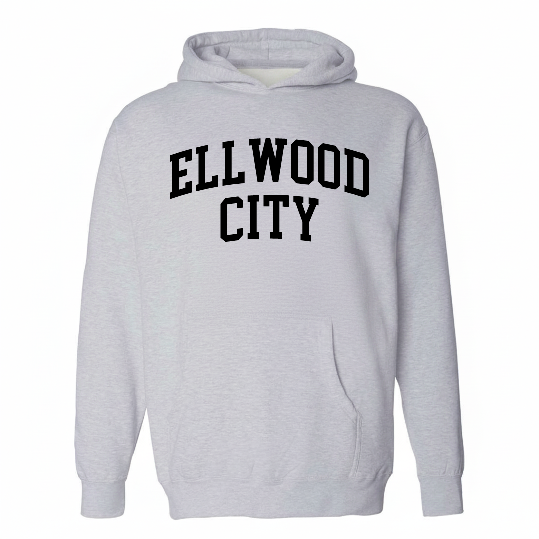 Heather-gray hoodie with the Ellwood City varsity arched lettering design on the chest.