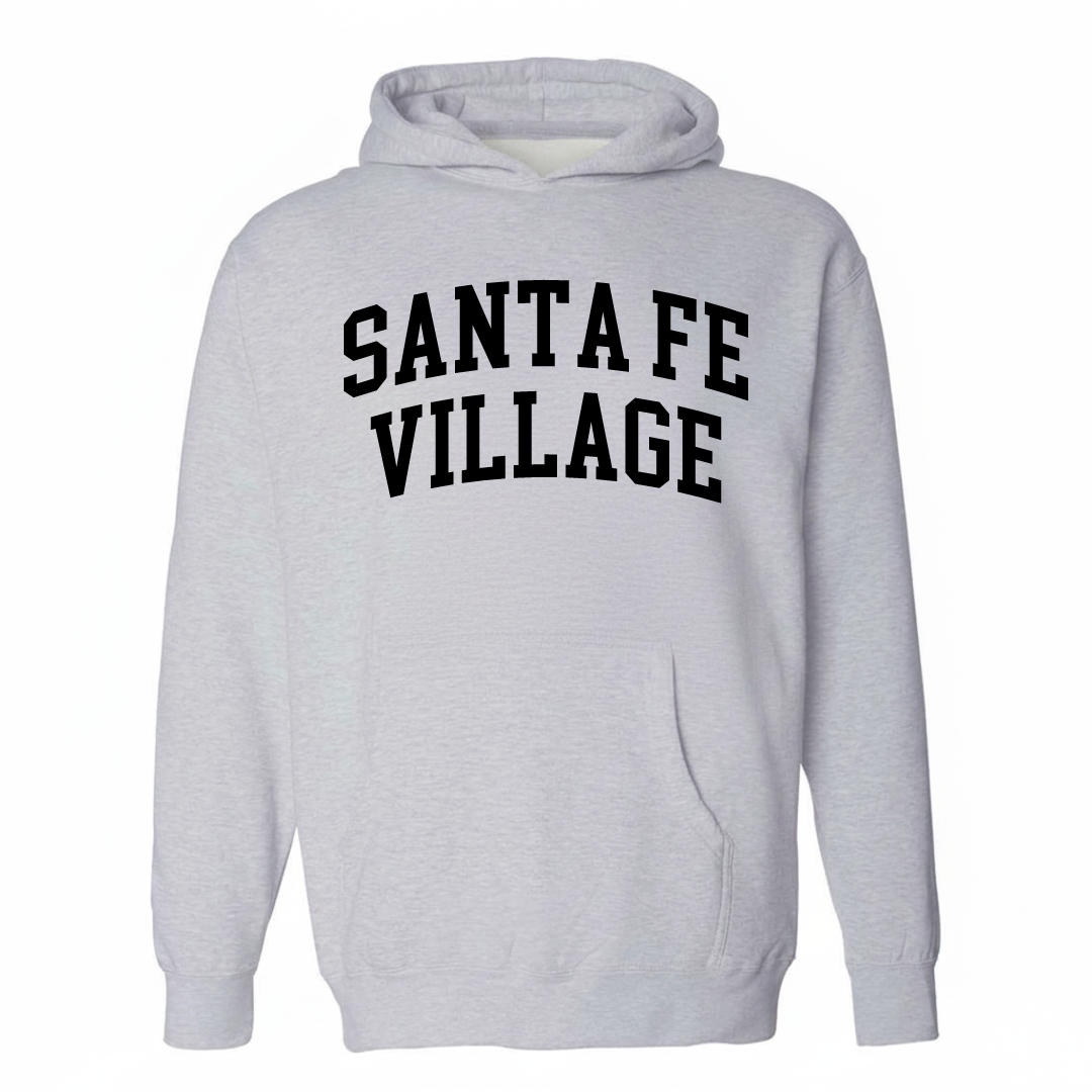 Heather-gray hoodie with the Santa Fe Village arched lettering varsity-collegiate design on the chest.
