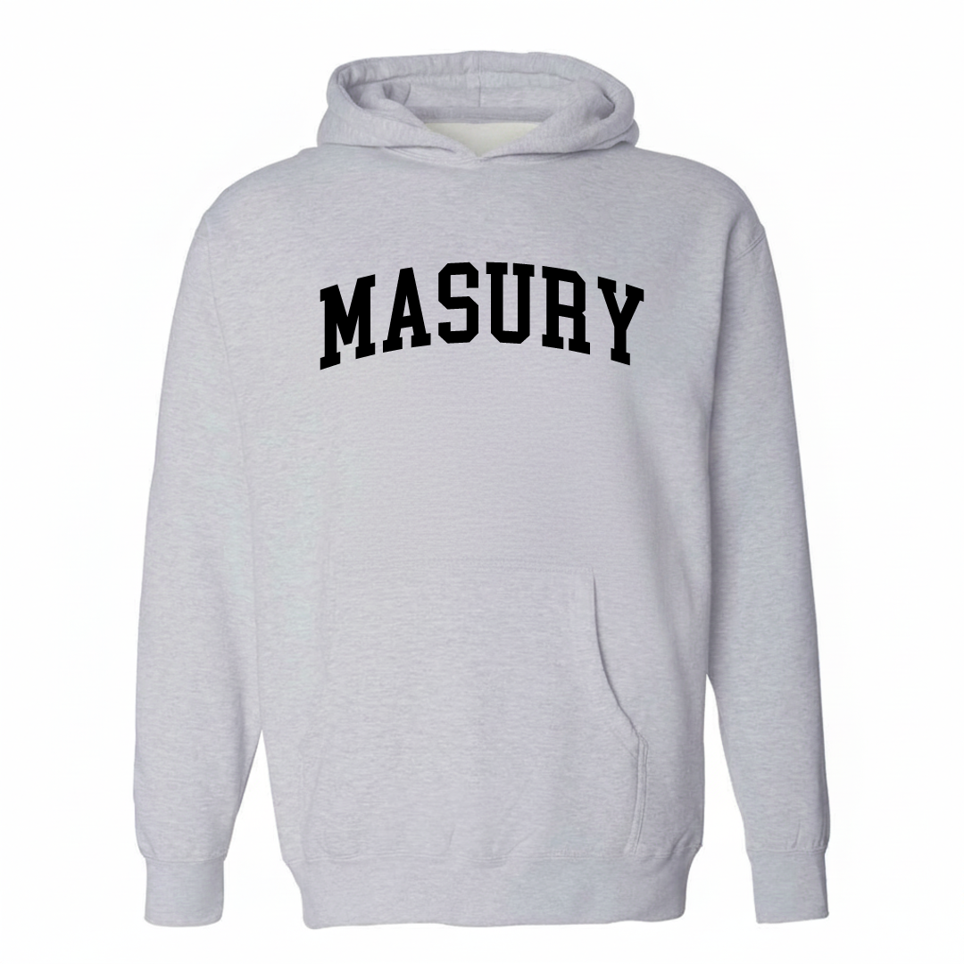 Heather-gray hoodie with the Masury varsity arched lettering design on the chest.