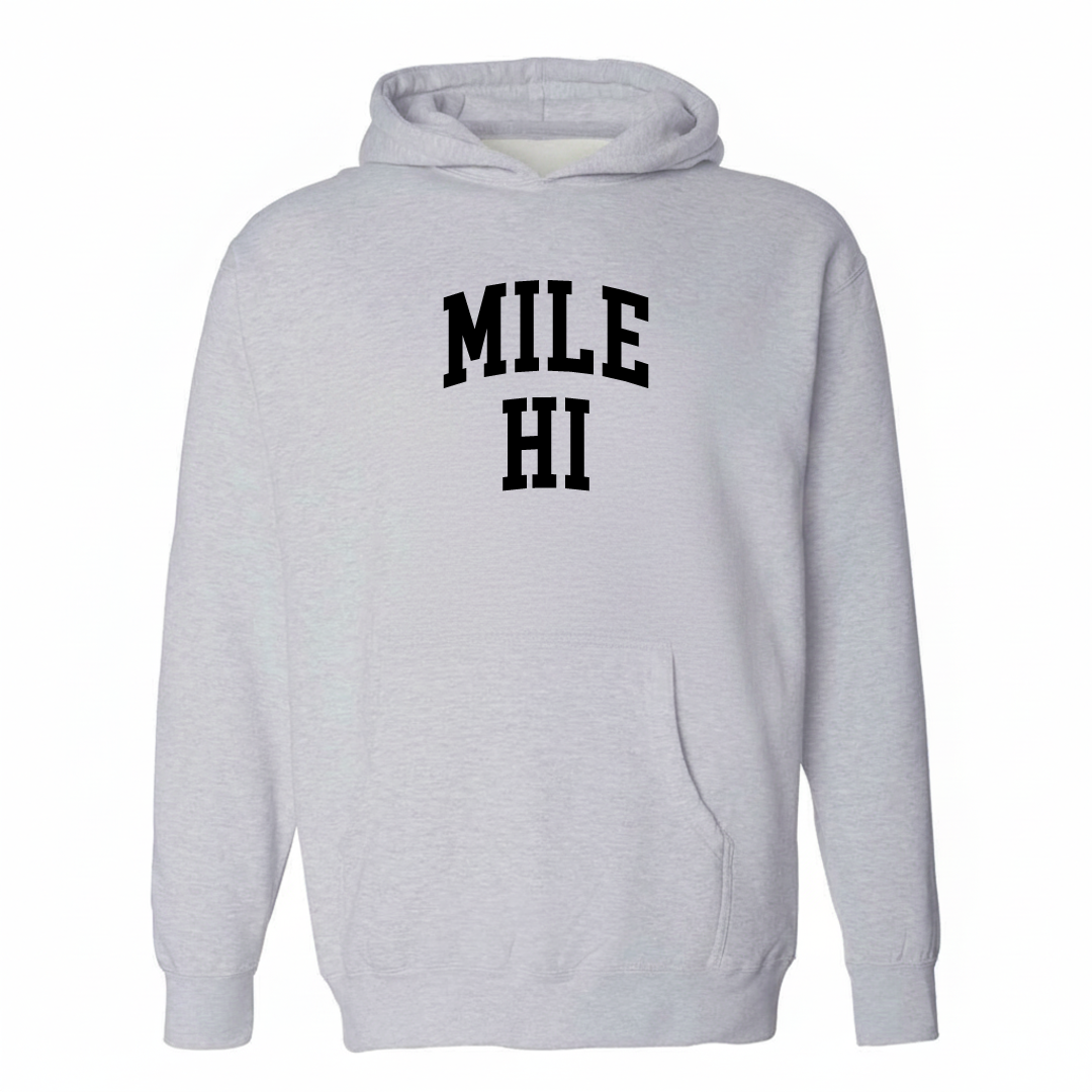 Heather-gray hoodie with the Mile Hi Albuquerque varsity arched lettering design on the chest.