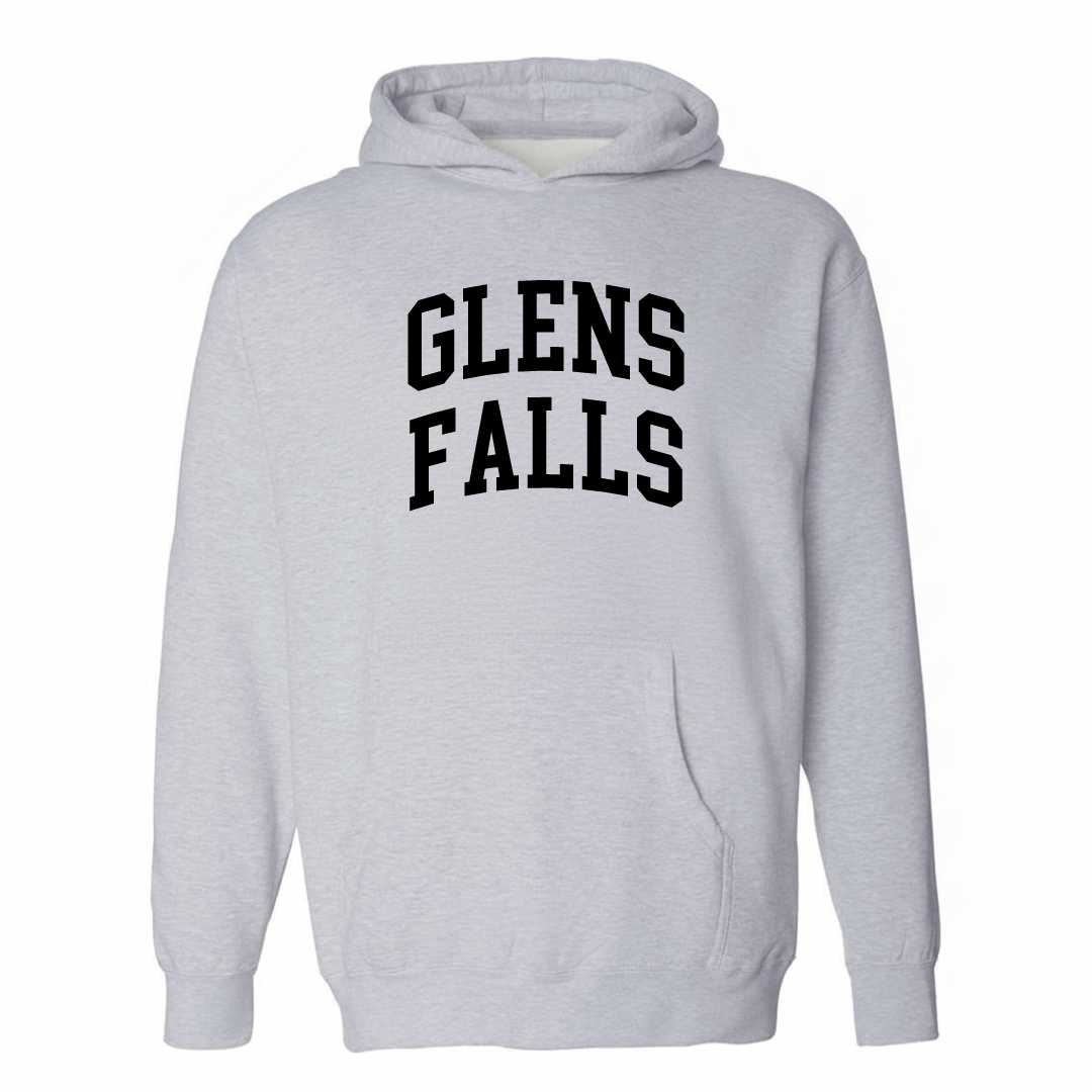 Heather-gray hoodie with the Glens Falls varsity arched lettering design on the chest.