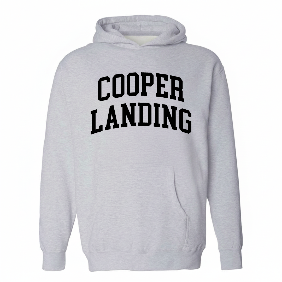 Heather-gray hoodie with the Cooper Landing arched lettering varsity-collegiate design on the chest.