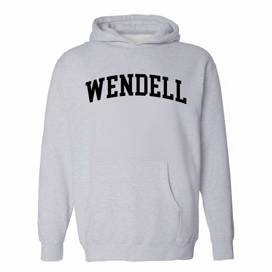 Heather-gray hoodie with the Wendell varsity arched lettering design on the chest.