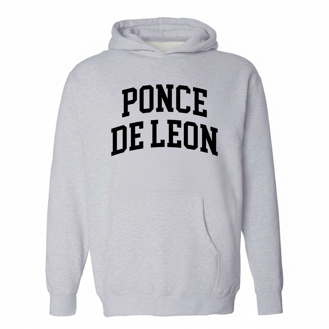 Heather-gray hoodie with the Ponce de Leon varsity arched lettering design on the chest.