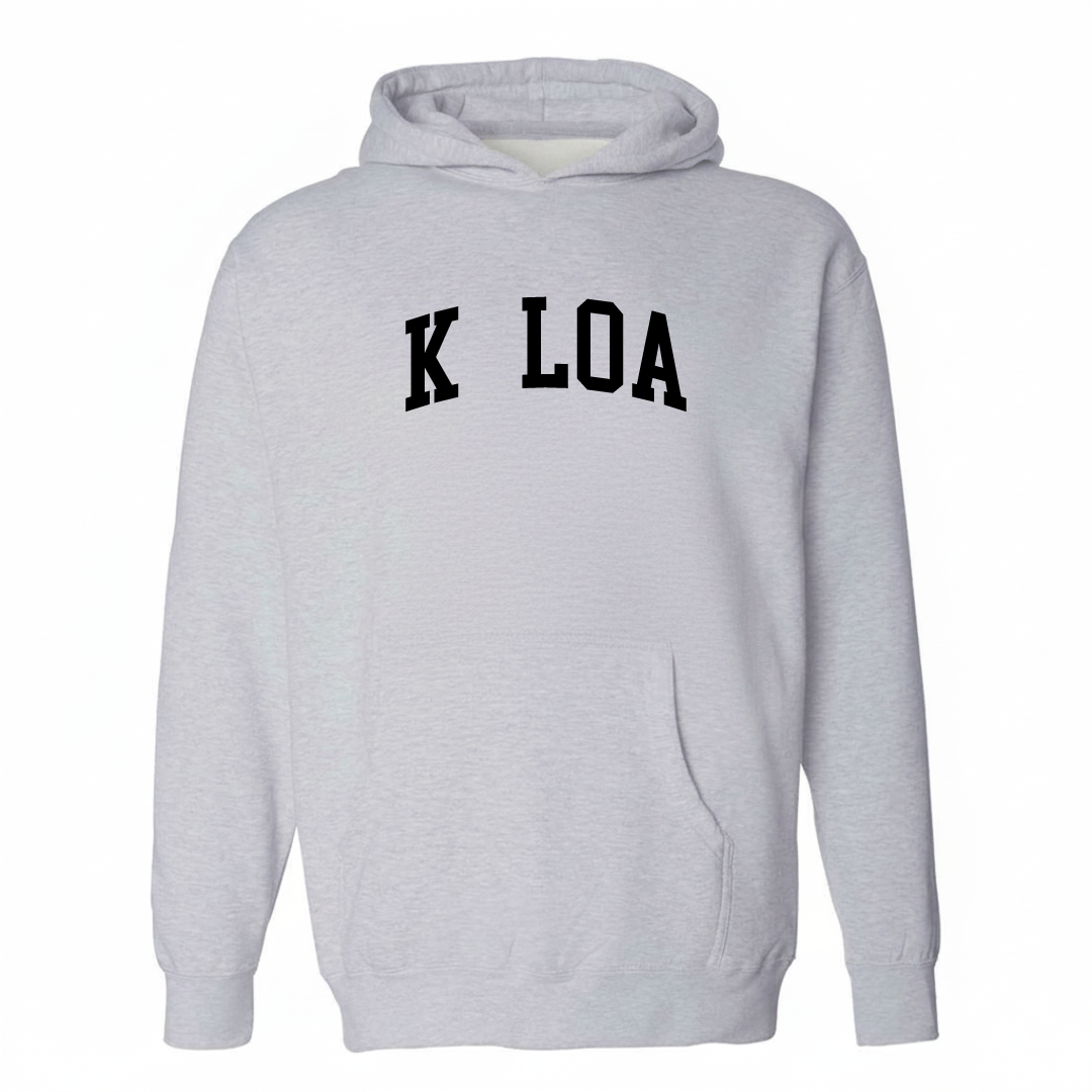 Heather-gray hoodie with the Kōloa varsity arched lettering design on the chest.