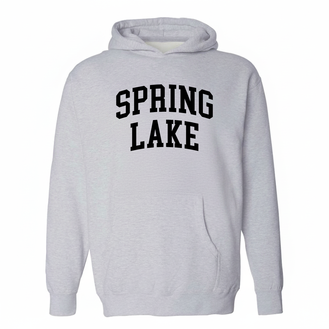 Heather-gray hoodie with the Spring Lake varsity arched lettering design on the chest.