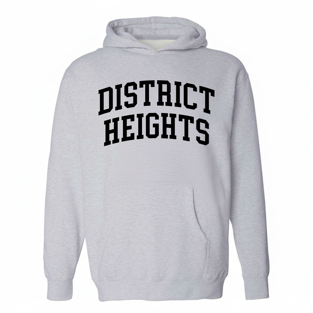 Heather-gray hoodie with the District Heights arched varsity lettering design on the chest.