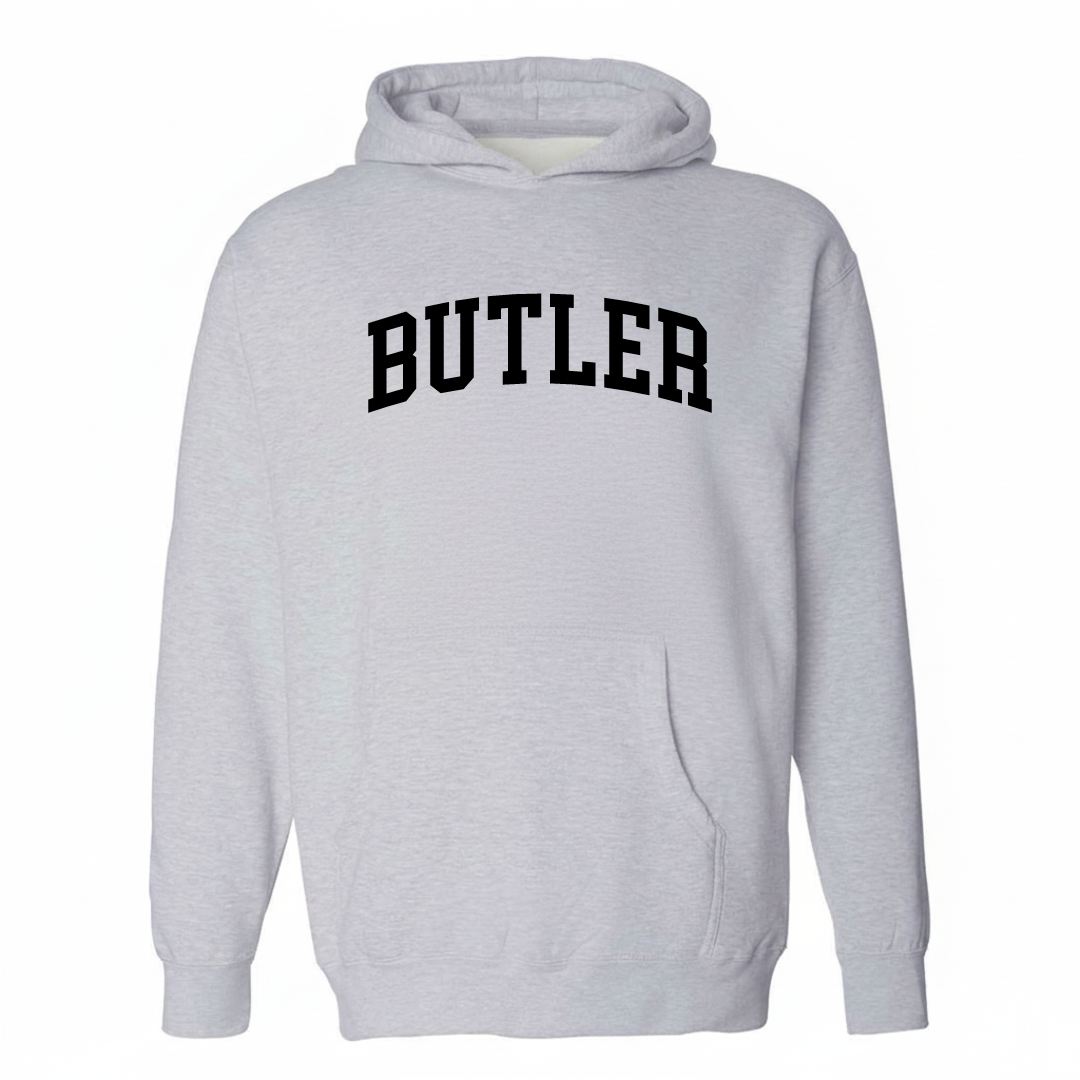 Heather-gray hoodie with the Butler arched lettering varsity-collegiate design on the chest.