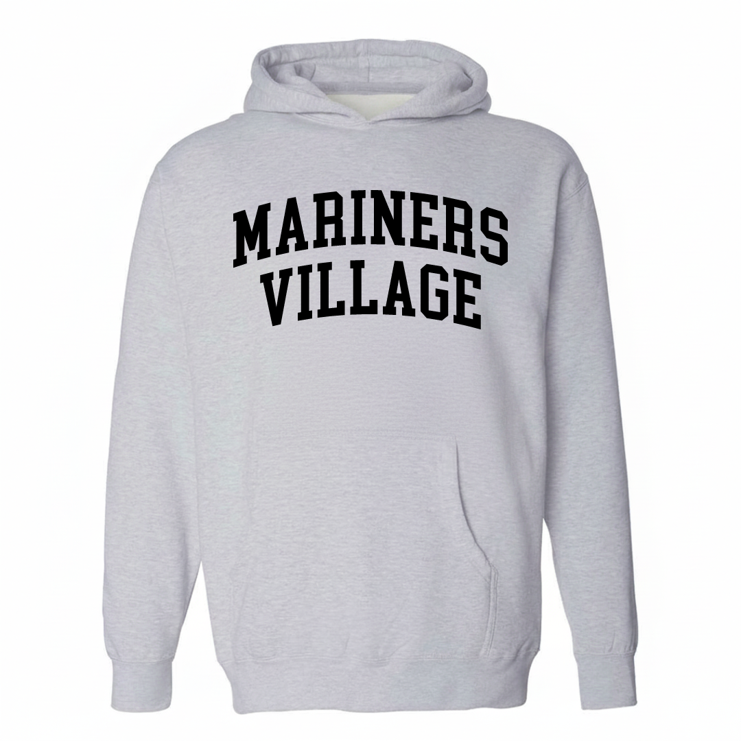 Heather-gray hoodie with the Mariners Village varsity arched lettering design on the chest.