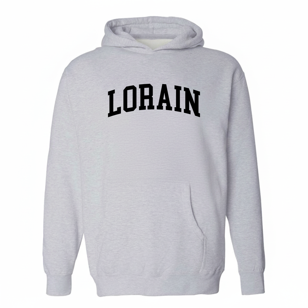 Heather-gray hoodie with the Lorain varsity arched lettering design on the chest.