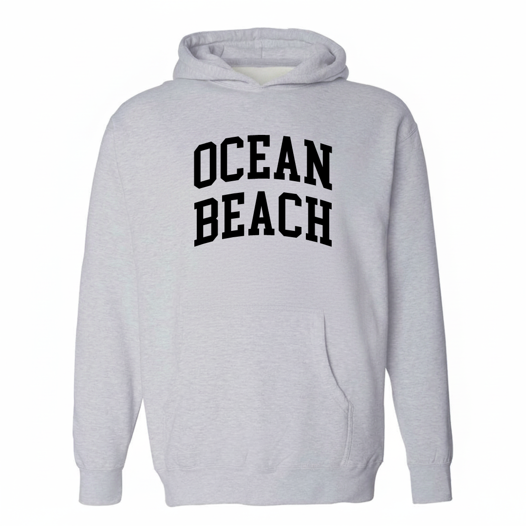 Heather-gray hoodie with the Ocean Beach arched lettering varsity-collegiate design on the chest.