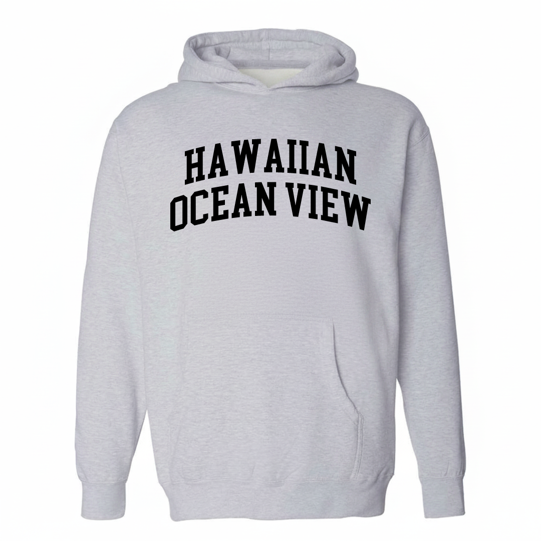 Heather-gray hoodie with the Hawaiian Ocean View varsity arched lettering design on the chest.