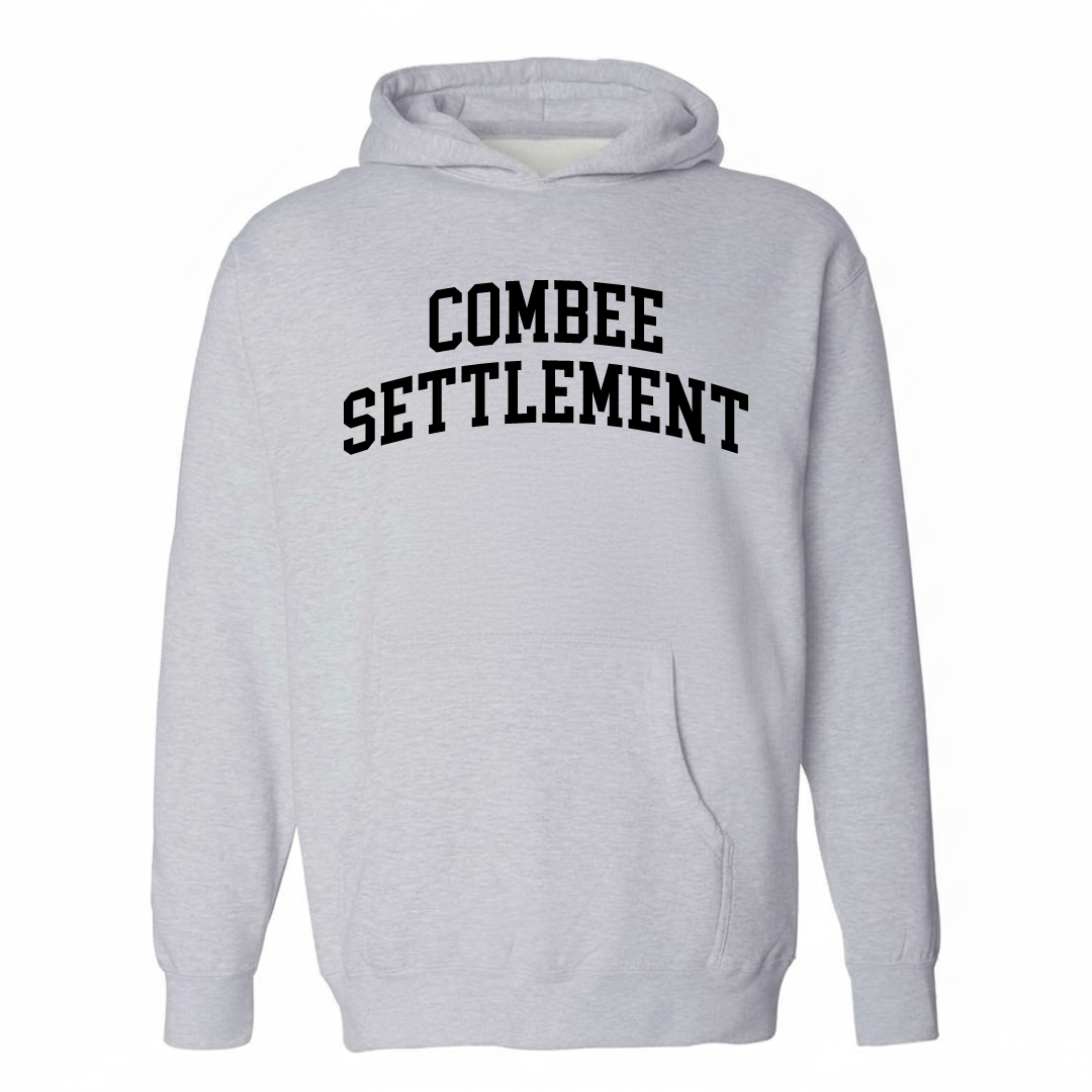Heather-gray hoodie with the Combee Settlement varsity arched lettering design on the chest.