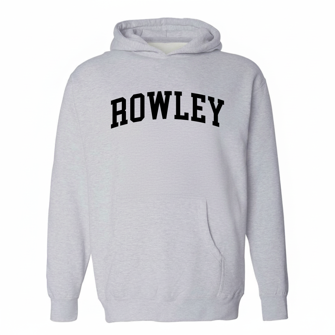 Heather-gray hoodie with the Rowley arched varsity lettering design on the chest.