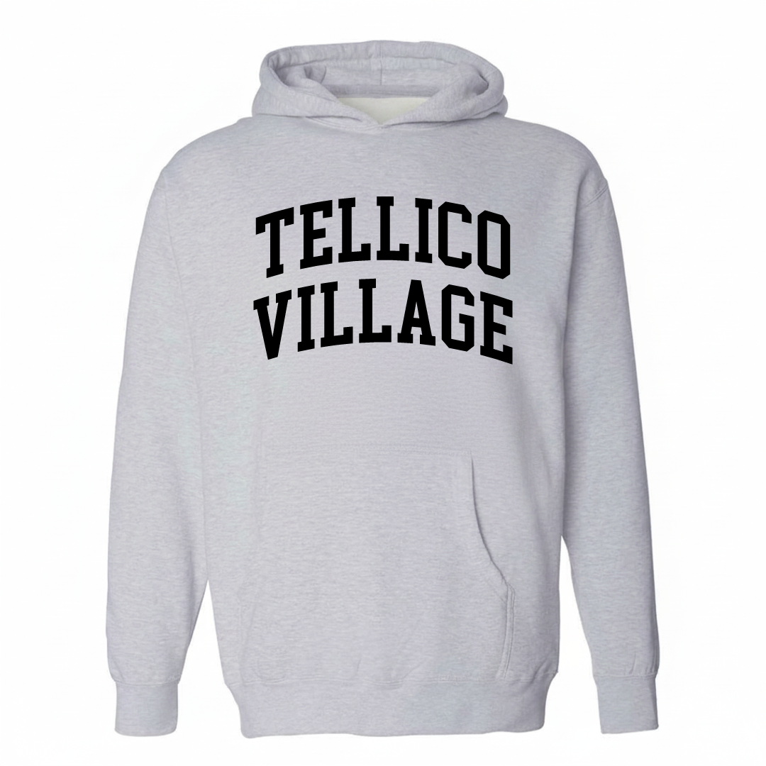 Heather-gray hoodie with the Tellico Village varsity arched lettering design on the chest.
