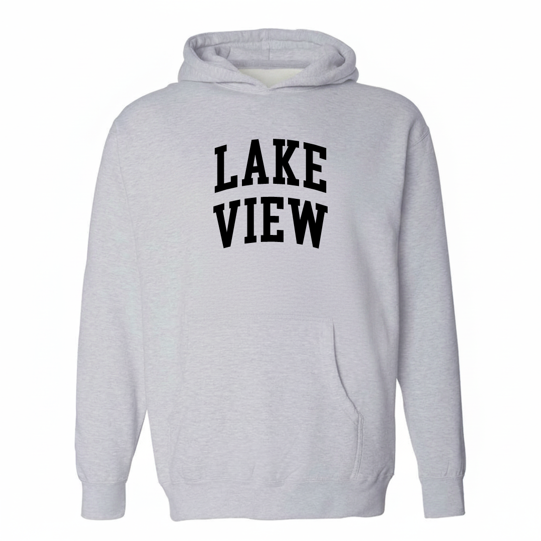 Heather-gray hoodie with the Lake View San Angelo varsity arched lettering design on the chest.