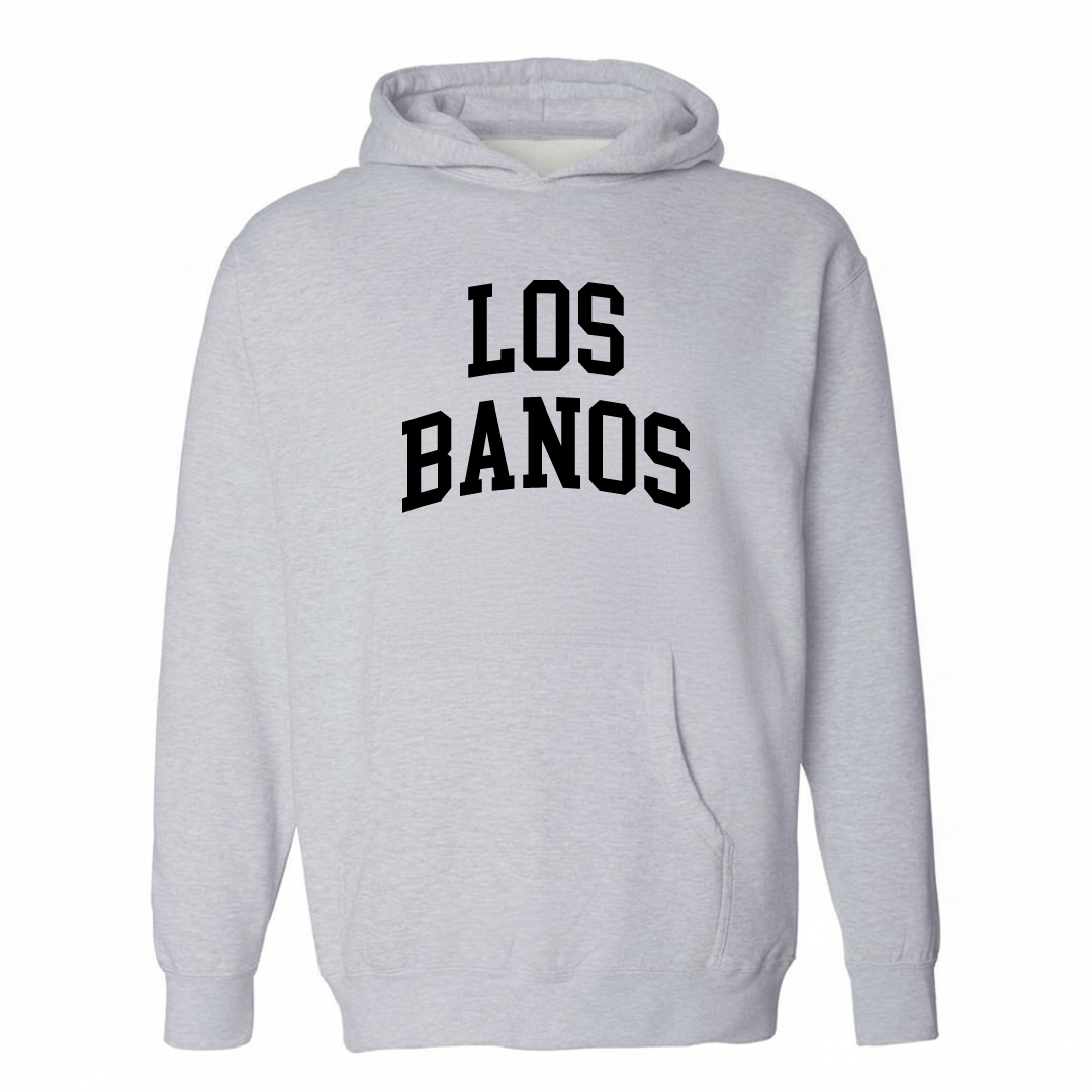 Heather-gray hoodie with the Los Banos varsity arched lettering design on the chest.
