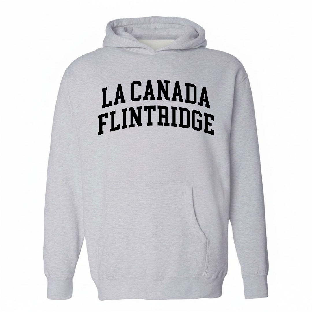 Heather-gray hoodie with the La Cañada Flintridge varsity arched lettering design on the chest.