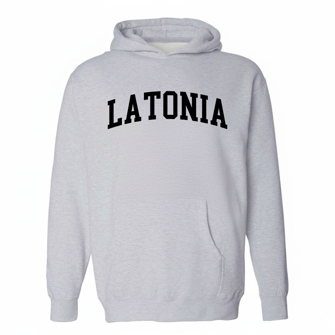 Heather-gray hoodie with the Latonia varsity arched lettering design on the chest.