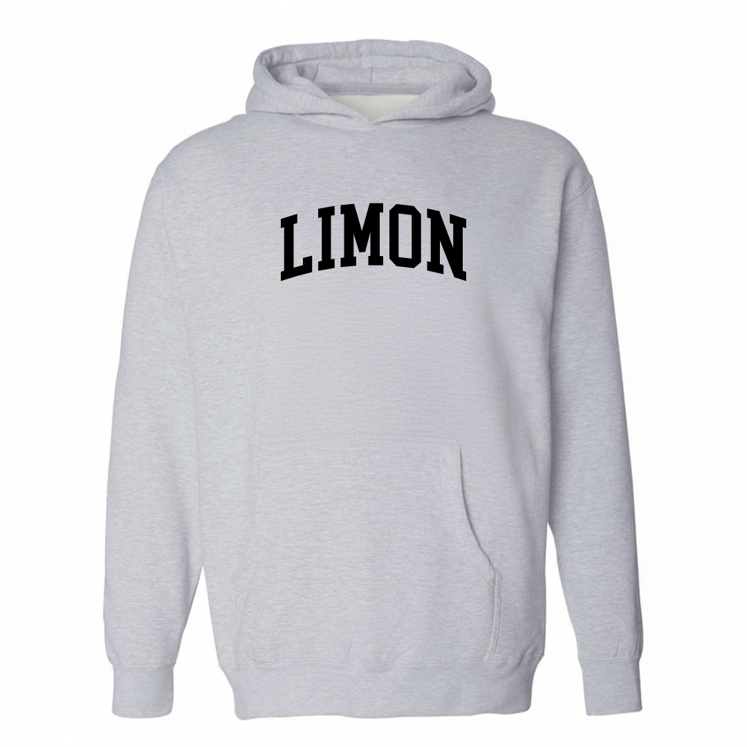 Heather-gray hoodie with the Limon varsity arched lettering design on the chest.