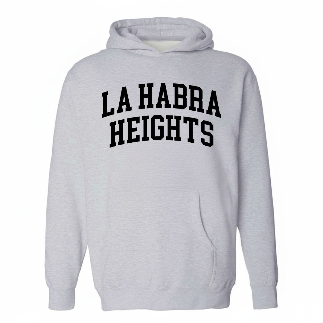 Heather-gray hoodie with the La Habra Heights varsity arched lettering design on the chest.
