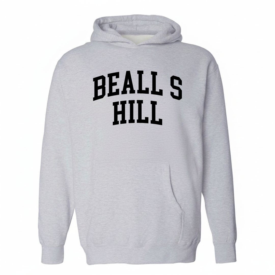 Heather-gray hoodie with the Beall's Hill arched lettering design on the chest.
