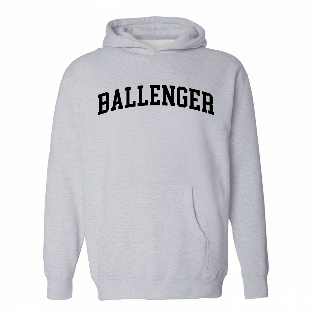 Heather-gray hoodie with the Ballenger arched lettering design on the chest.