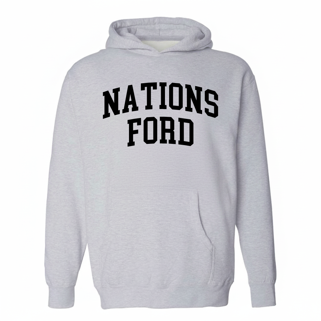 Heather-gray hoodie with the Nations Ford varsity arched lettering design on the chest.