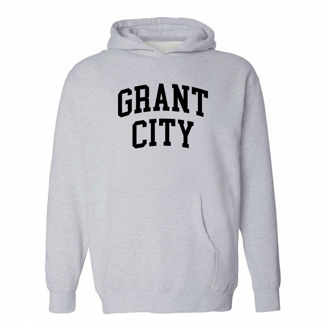 Heather-gray hoodie with the Grant City arched lettering varsity-collegiate design on the chest.
