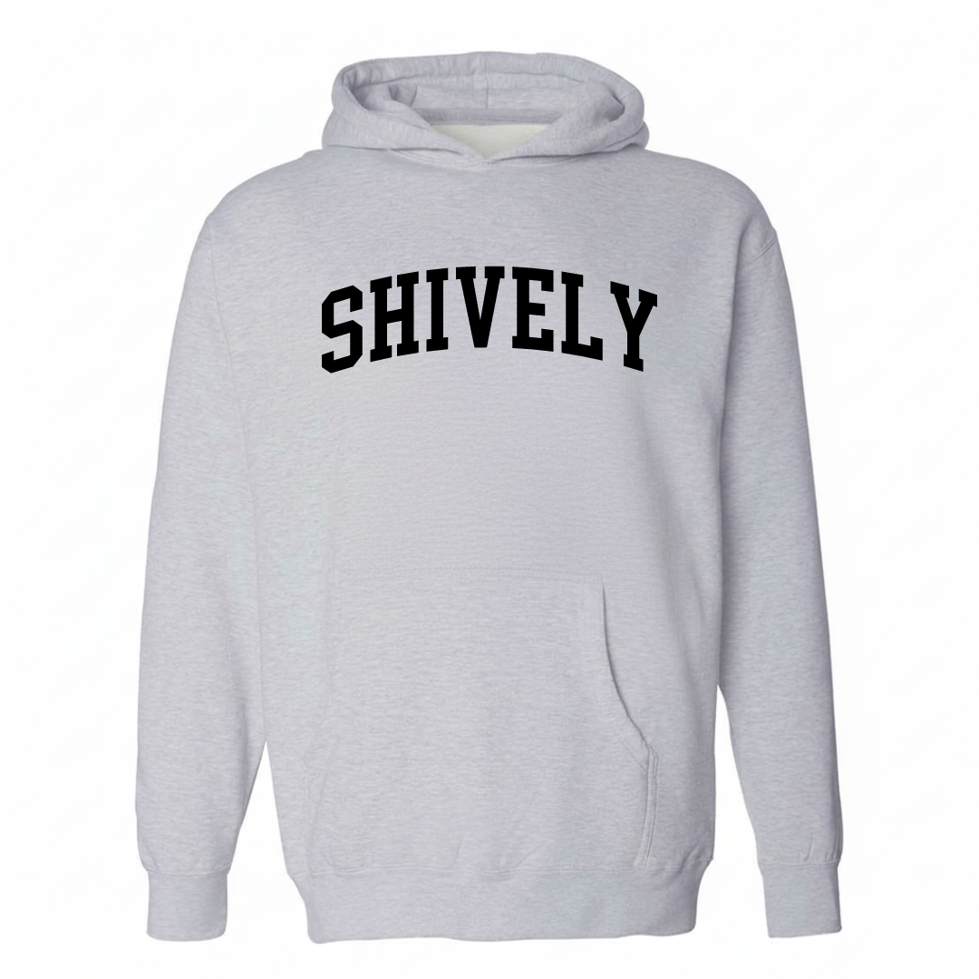 Heather-gray hoodie with the Shively varsity arched lettering design on the chest.
