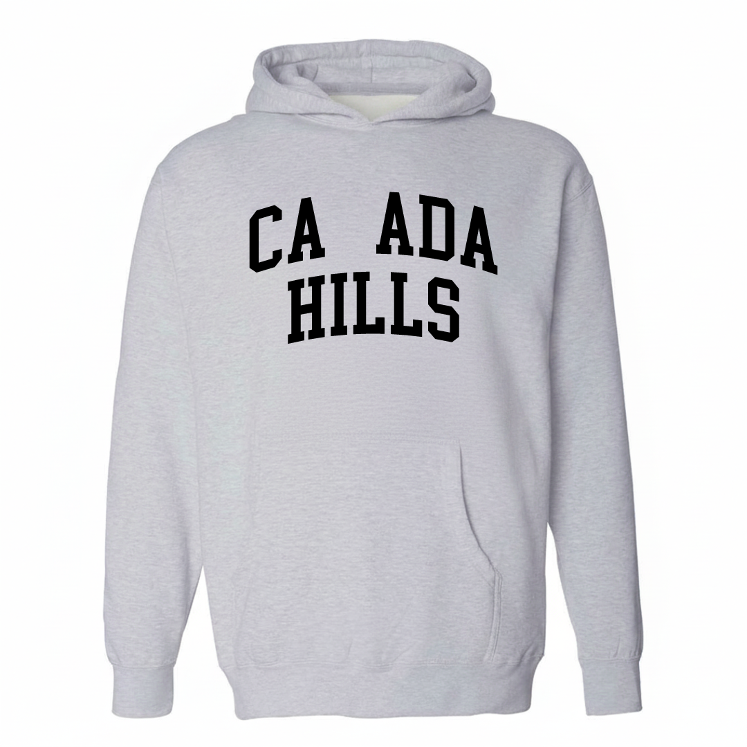 Heather-gray hoodie with the Cañada Hills varsity arched lettering design on the chest.