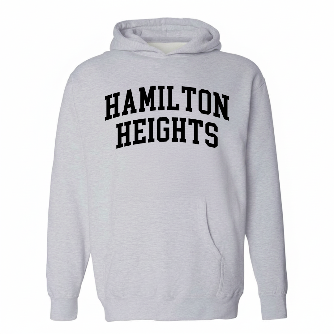 Heather-gray hoodie with the Hamilton Heights arched lettering varsity-collegiate design on the chest.