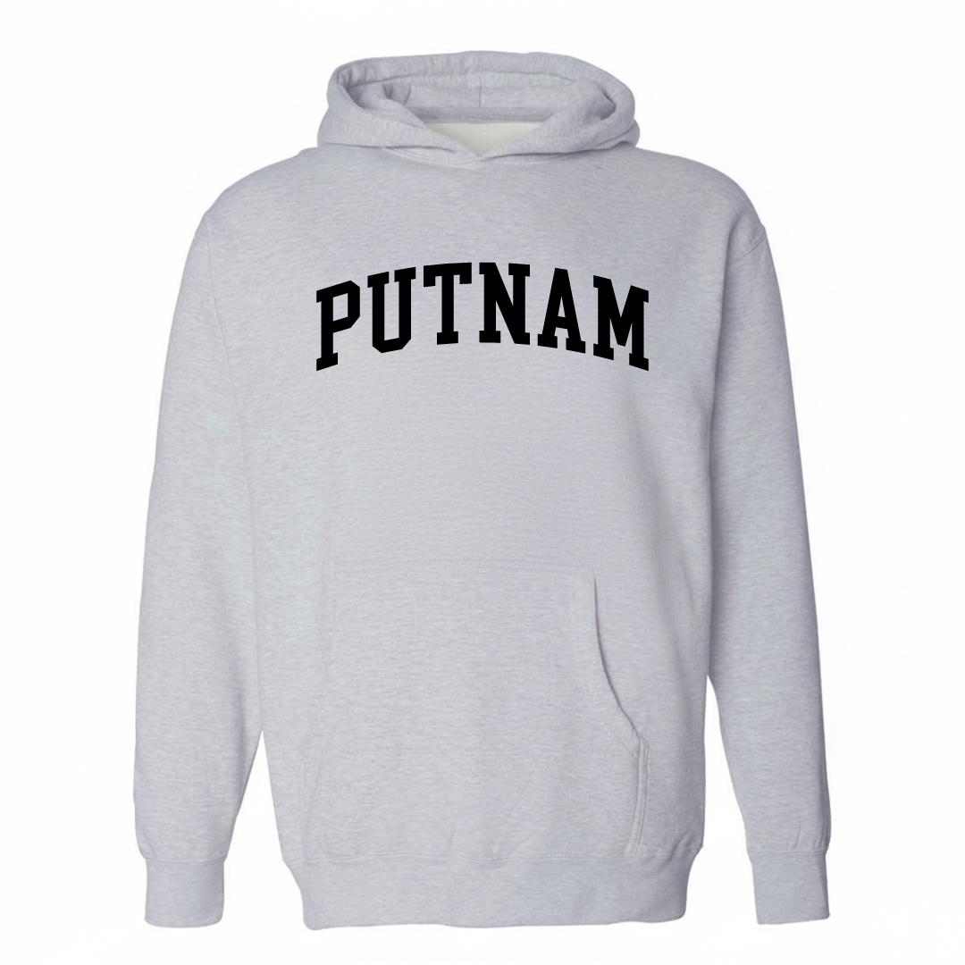 Heather-gray hoodie with the Putnam varsity arched lettering design on the chest.