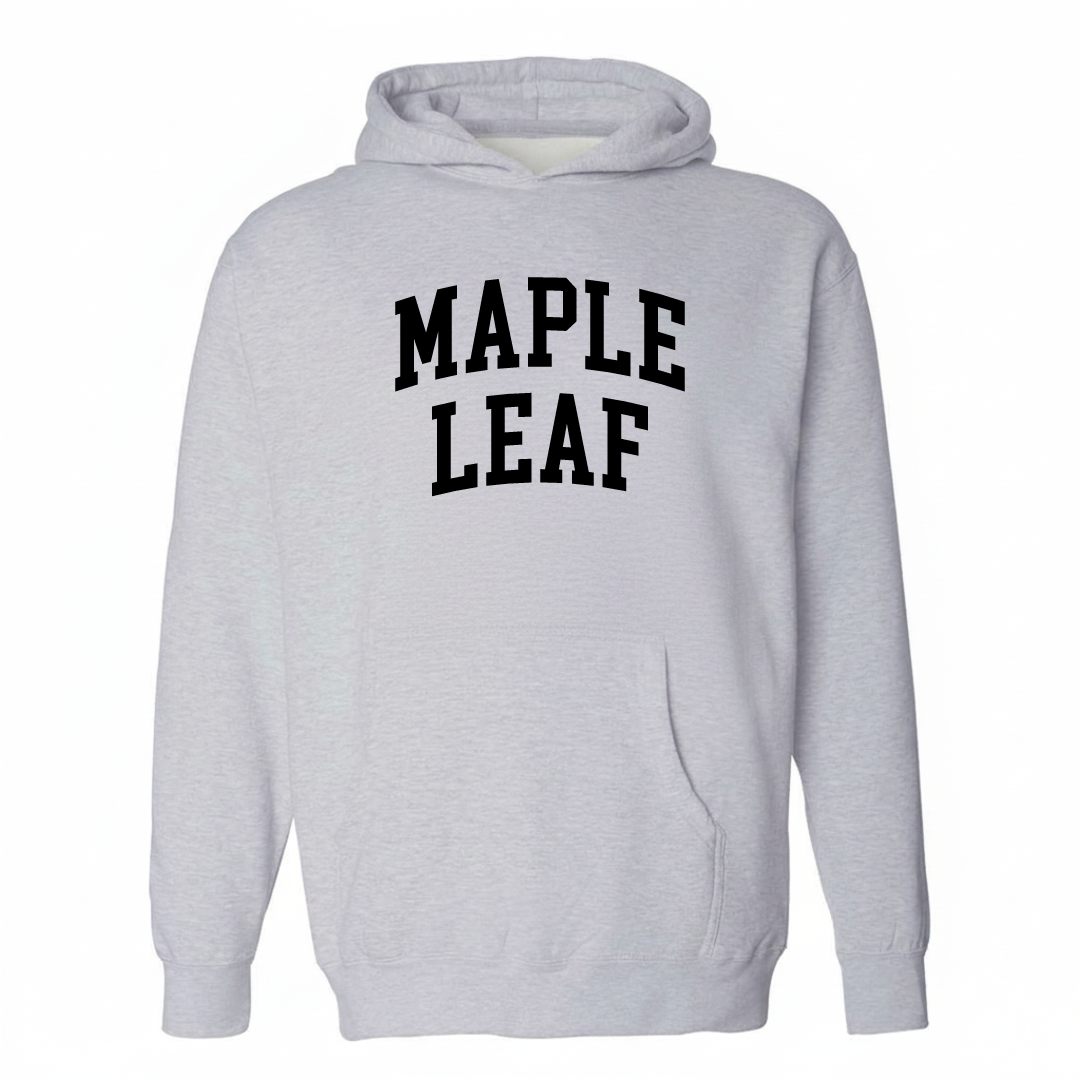 Heather-gray hoodie with the Maple Leaf varsity arched lettering design on the chest.
