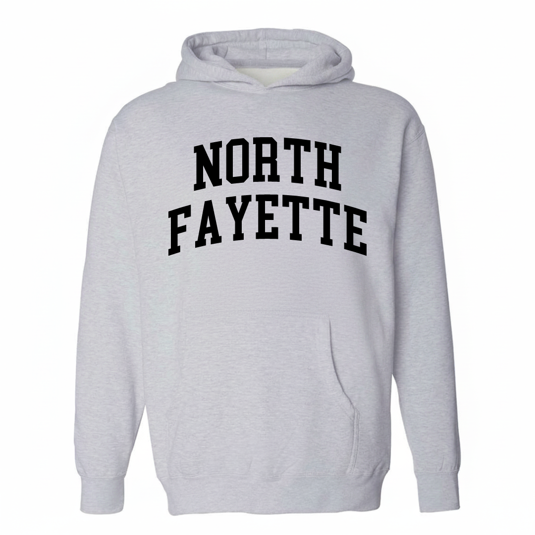 Heather-gray hoodie with the North Fayette varsity arched lettering design on the chest.