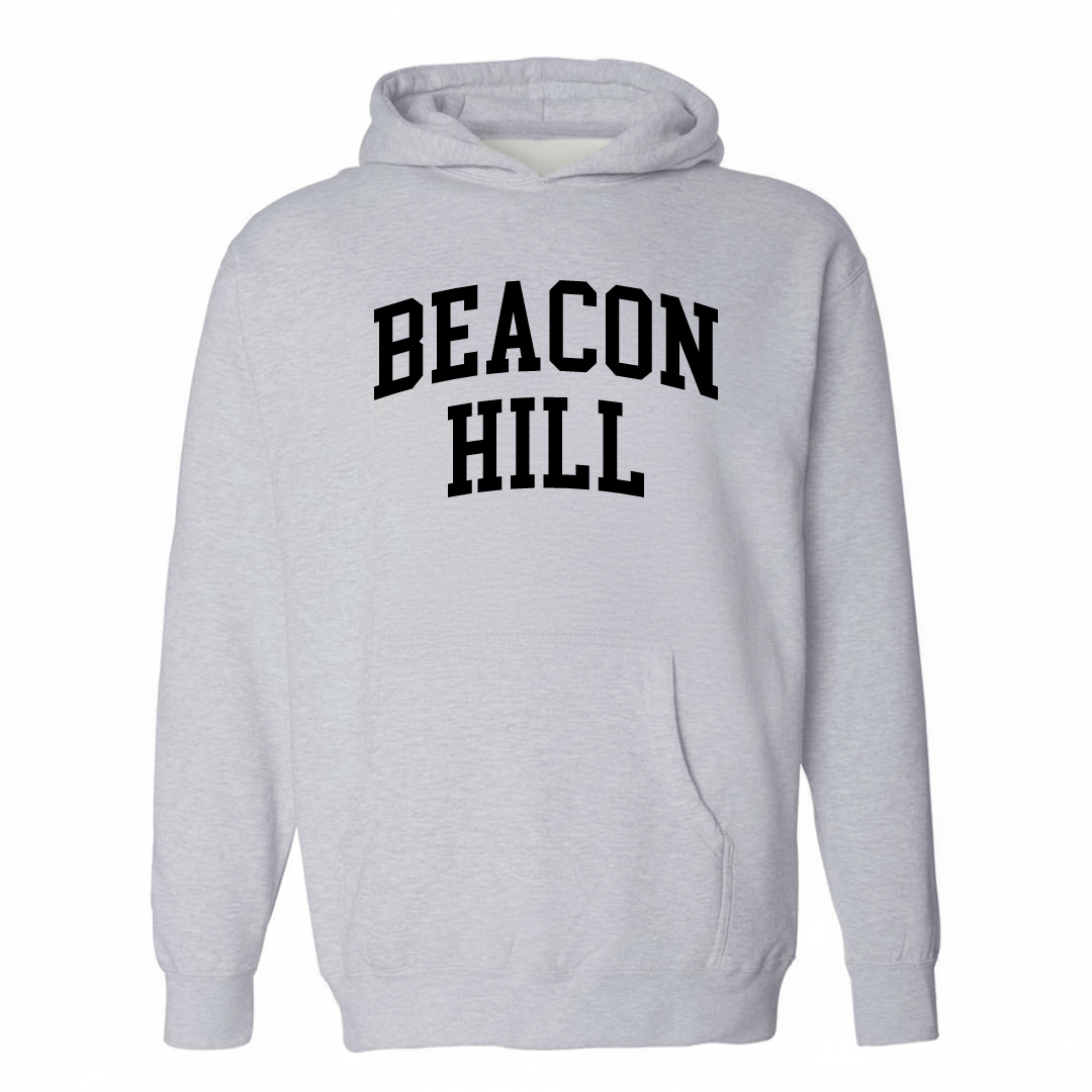 Heather-gray hoodie with the Beacon Hill varsity arched lettering design on the chest.