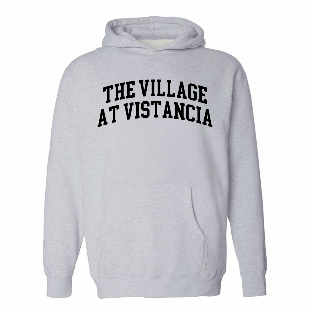 Heather-gray hoodie with The Village at Vistancia varsity arched lettering design on the chest.