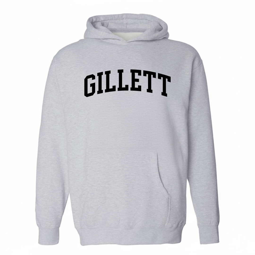 Heather-gray hoodie with the Gillett varsity arched lettering design on the chest.