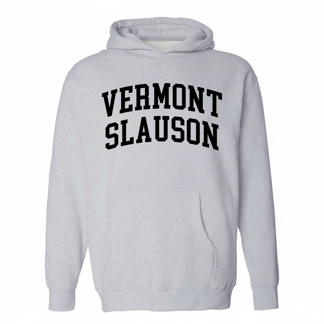 Heather-gray hoodie with the Vermont-Slauson varsity arched lettering design on the chest.