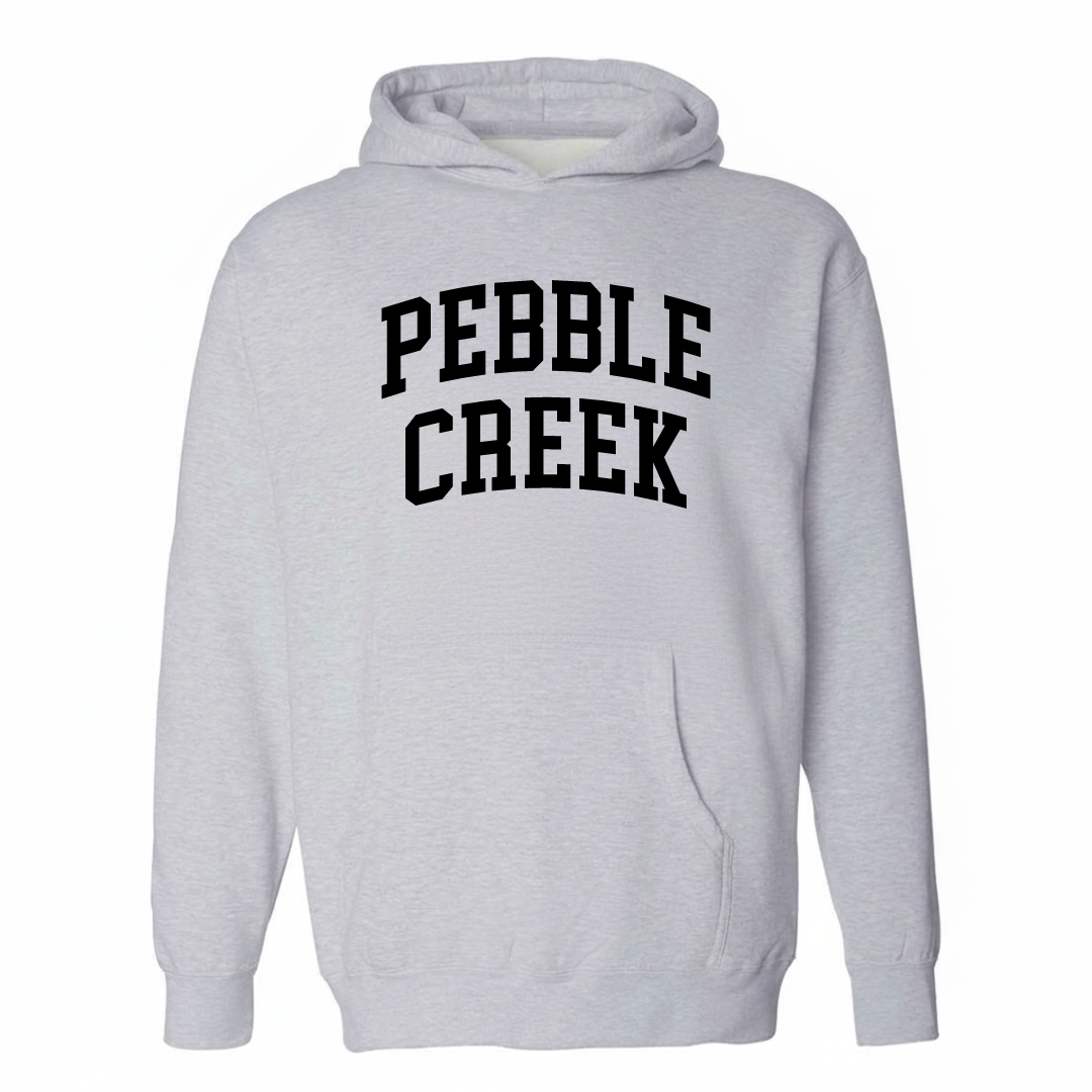 Heather-gray hoodie with the Pebble Creek varsity arched lettering design on the chest.