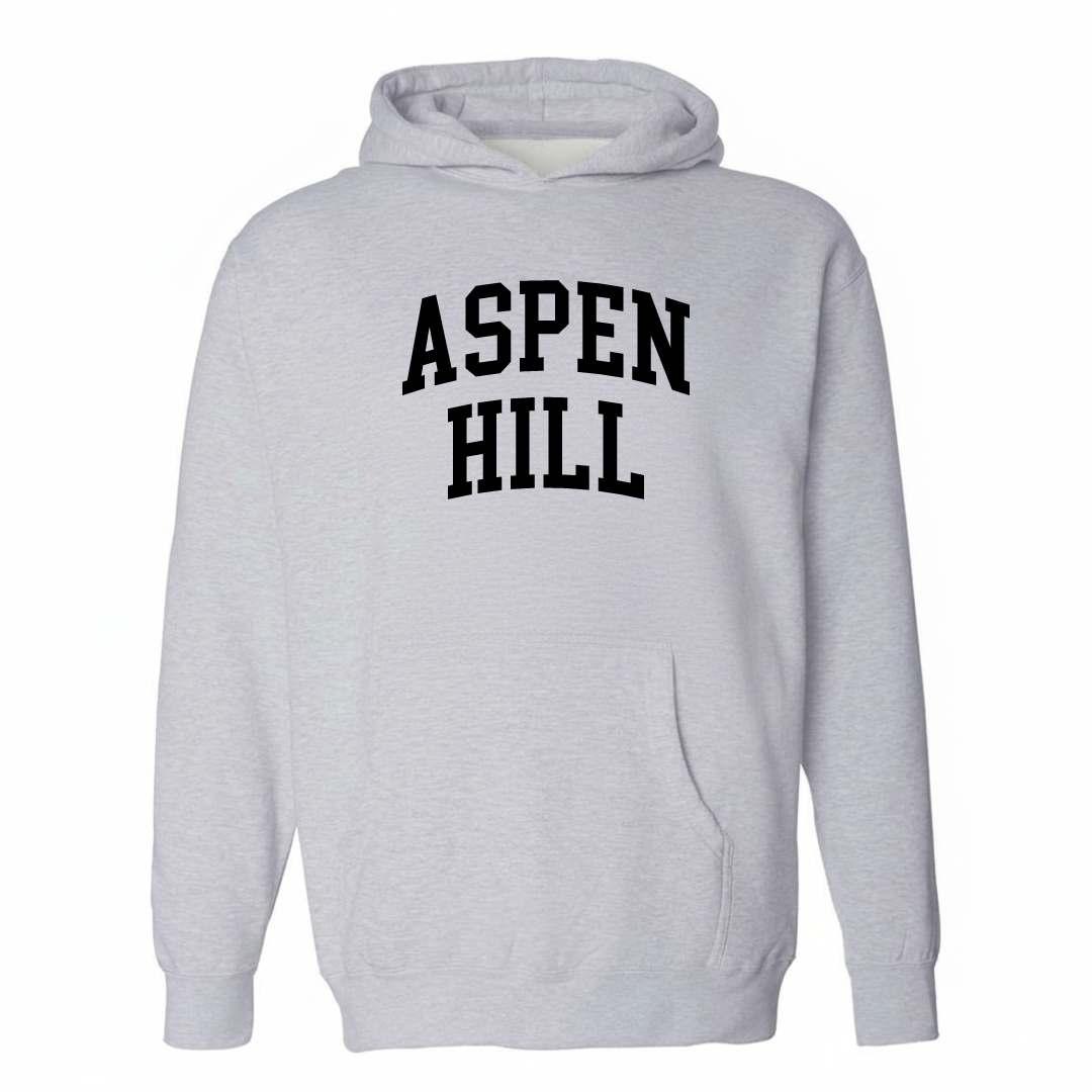 Heather-gray hoodie with the Aspen Hill varsity arched lettering design on the chest.