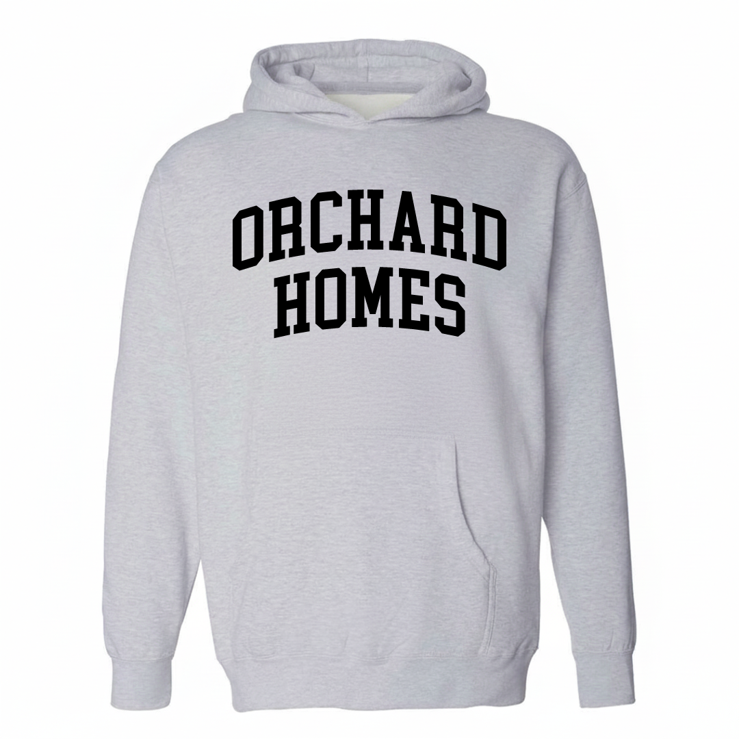 Heather-gray hoodie with the Orchard Homes varsity arched lettering design on the chest.