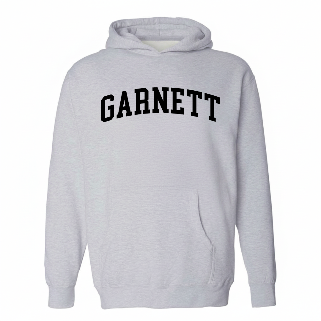 Heather-gray hoodie with the Garnett arched varsity lettering design on the chest.