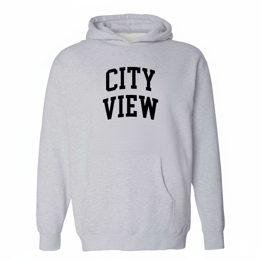 Heather-gray hoodie with the City View arched varsity lettering design on the chest.