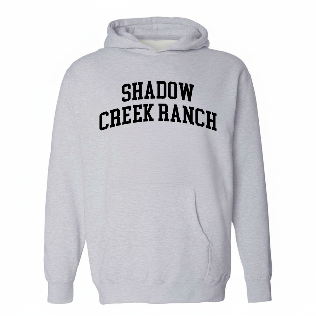 Heather-gray hoodie with the Shadow Creek Ranch varsity arched lettering design on the chest.
