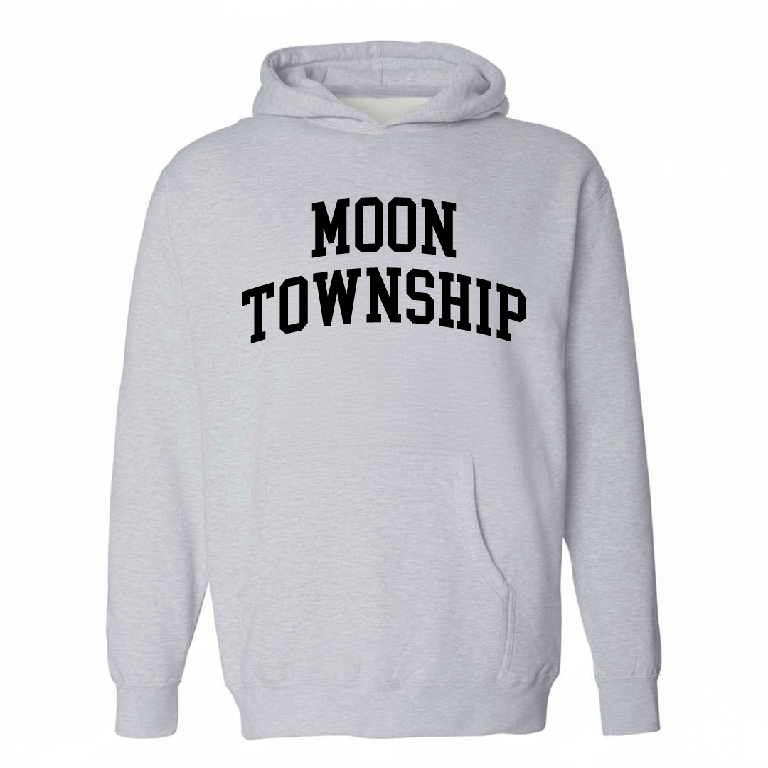 Heather-gray hoodie with the Moon Township varsity arched lettering design on the chest.